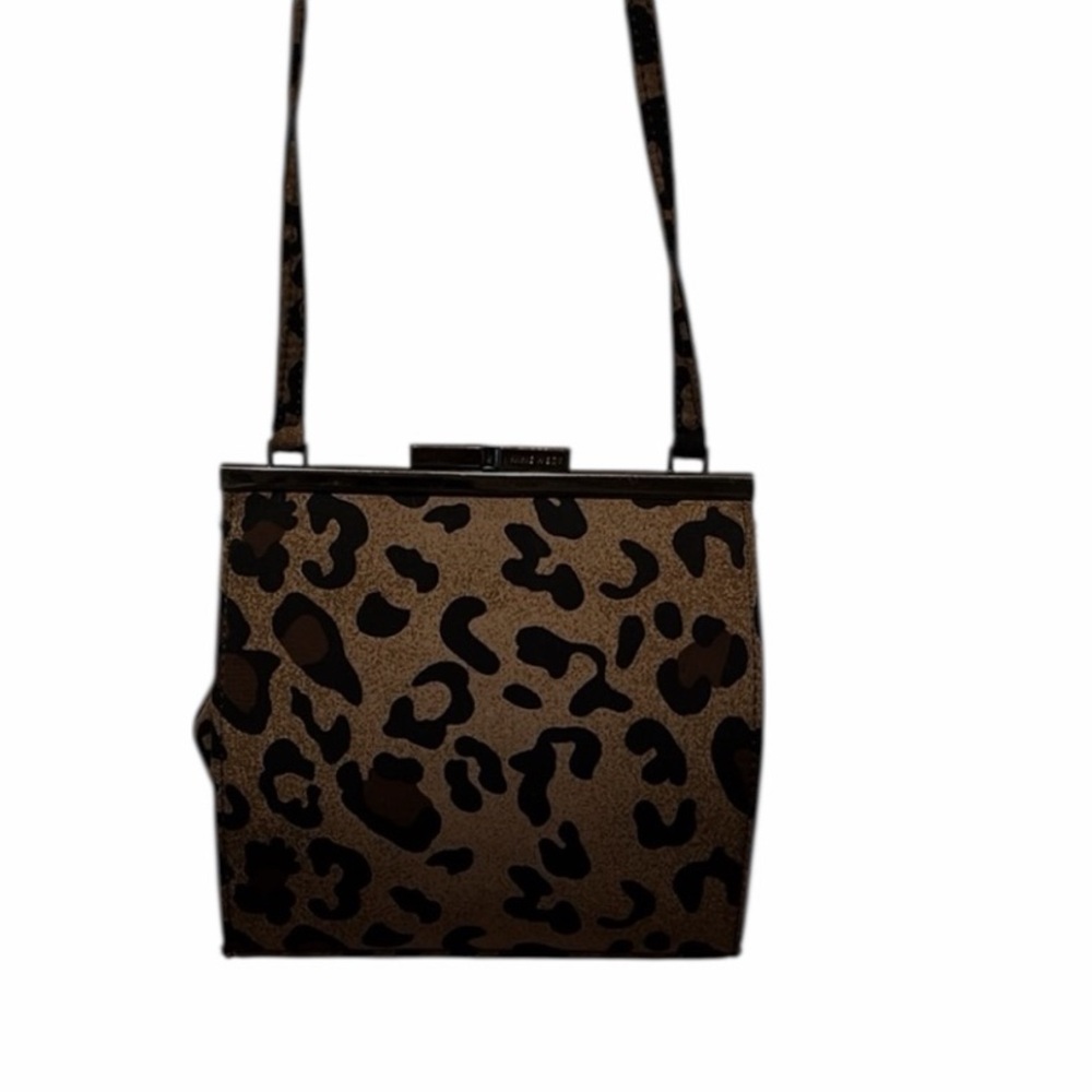 Nine West Brown and black leopard print evening bag microfiber